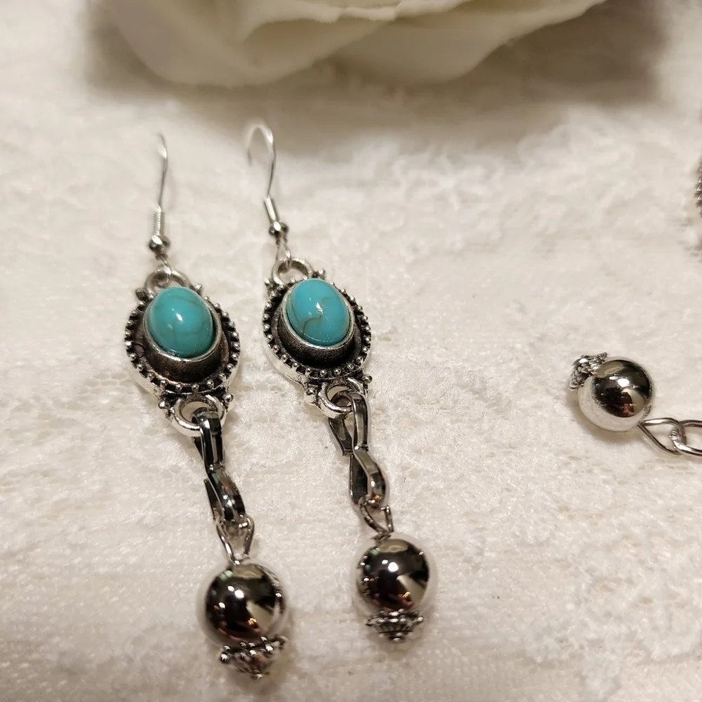 Reworked Hand Crafted Faux Silver and Faux Turquoise Jewelry Set